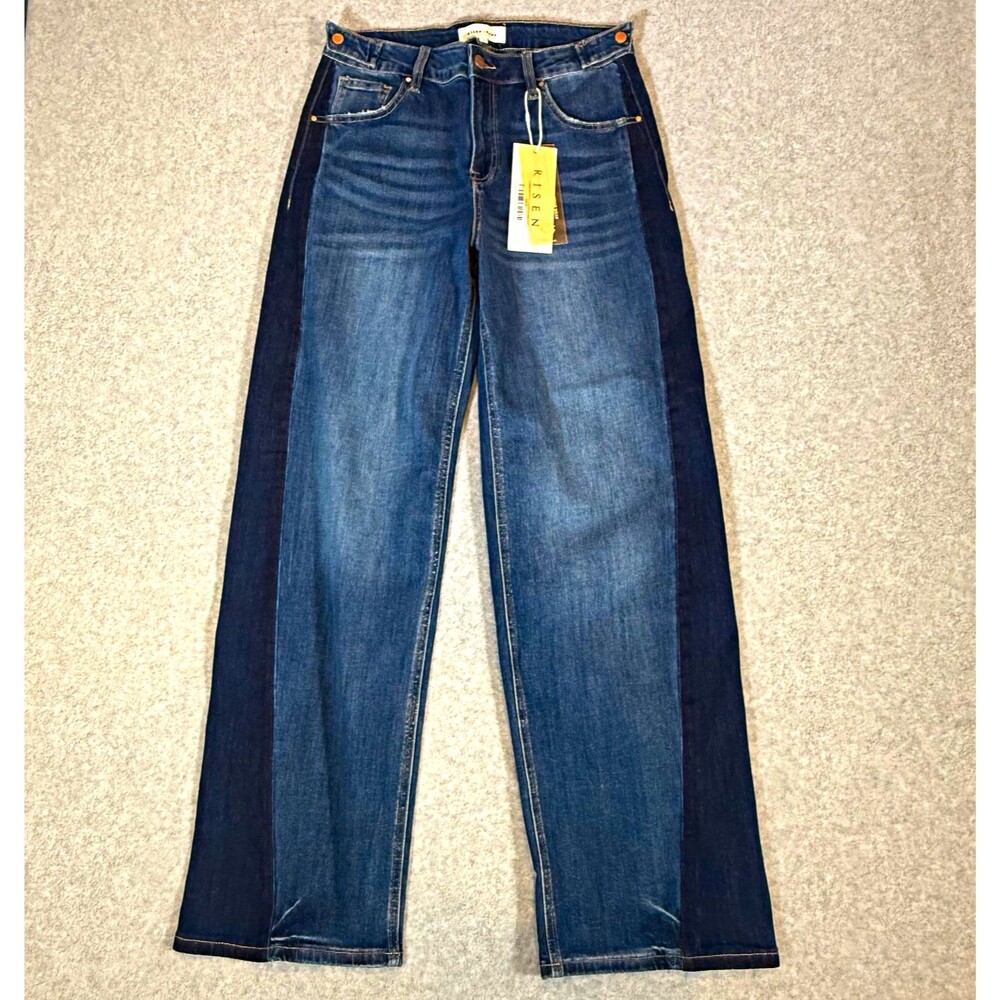 RISEN Jeans 2 Tone Dark Wash High Rise Wide Leg Stretch Denim Sz 9/29 Faded New